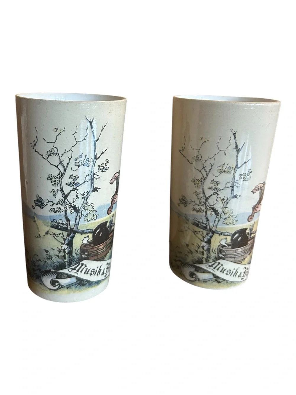 Antique Mettlach Villeroy & Boch Beer Beaker Pair 2327 1023 Pug Fiddle Player